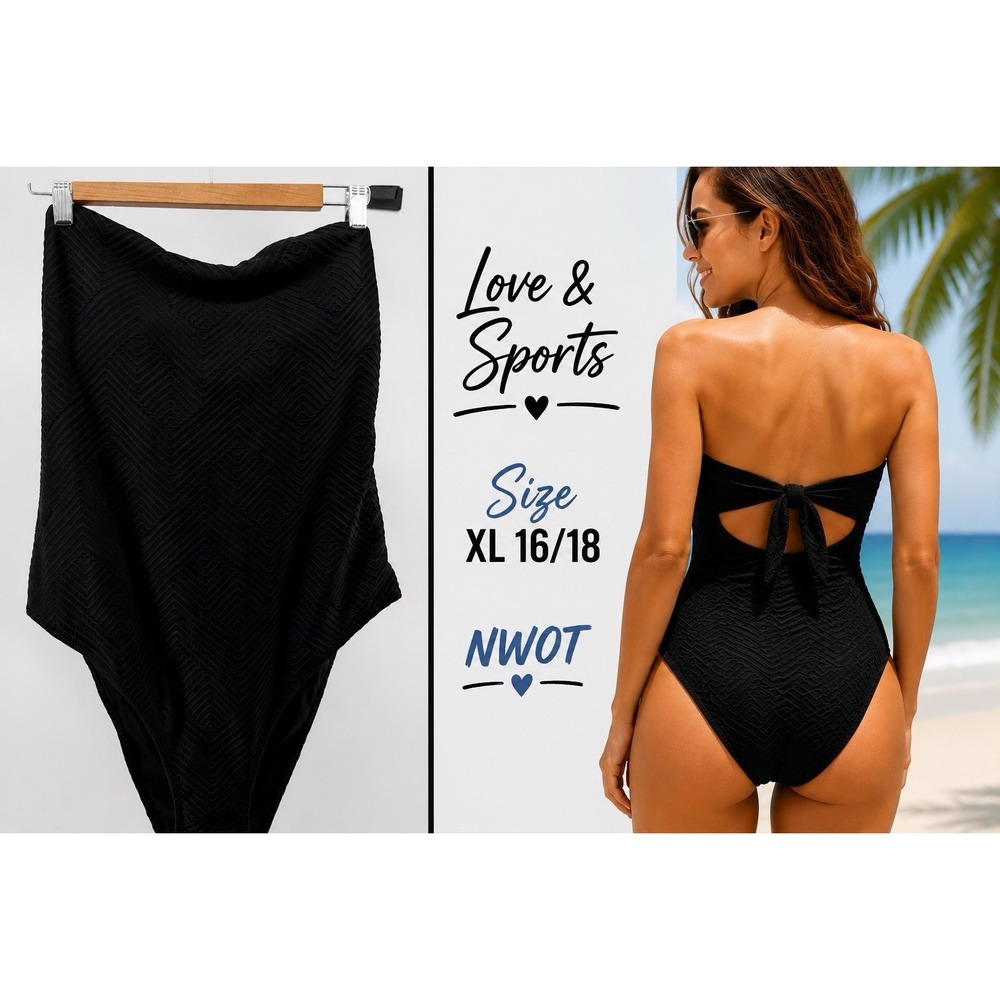 Love & Sports Black One Piece Swimsuit Strapless XL 16-18 NWOT Textured Tie Chic